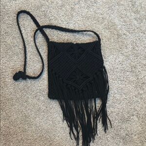 Black boho crochet and fringe cross body bag